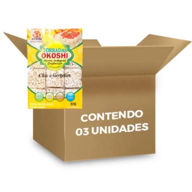 TORRADA ORGâNICA ZERO GLúTEN CHIA E GERGELIM OKOSHI CONTENDO 3 PACOTES DE 75G CADA.