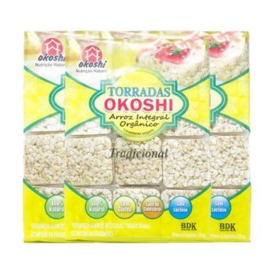 TORRADA ORGâNICA ZERO GLúTEN OKOSHI CONTENDO 3 PACOTES COM 75G CADA