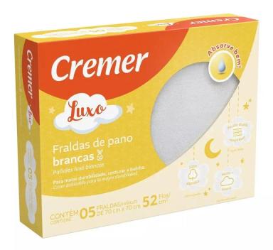 FRALDA CREMER LUXO BRANCA COM 5 UNIDADES UNISSEX 70X70 CM