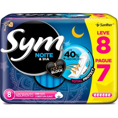 ABSORVENTE íNTIMO SYM NOITE E DIA COM ABAS COBERTURA SUAVE LEVE 8 PAGUE 7