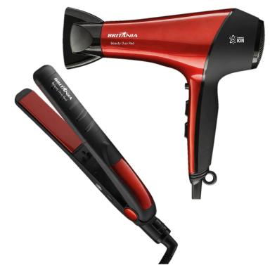KIT SECADOR E PRANCHA DE CABELO BRITâNIA BEAUTY DUO VERMELHO 110