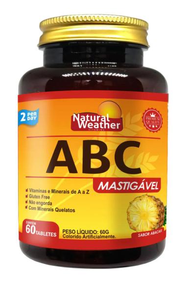 ABC MASTIGáVEL NATURAL WEATHER 60 CáPSULAS - POLIVITAMíNICO COM SABOR MORANGO OU ABACAXI