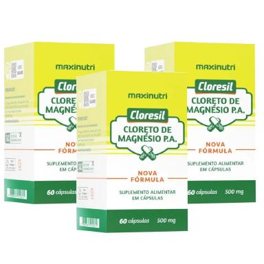 KIT 3 CLORETO DE MAGNéSIO PURO 500MG 60 CAPS CADA MAXINUTRI