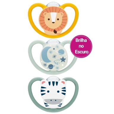 KIT 3 CHUPETAS SPACE DIA E NOITE BRILHA NO ESCURO 18M+ NUK