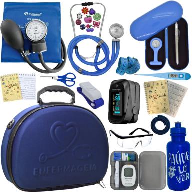 KIT MALETA APARELHO DE PRESSãO ESTETOSCóPIO MEDIDOR DE GLICOSE AZUL ENFERMAGEM INCOTERM