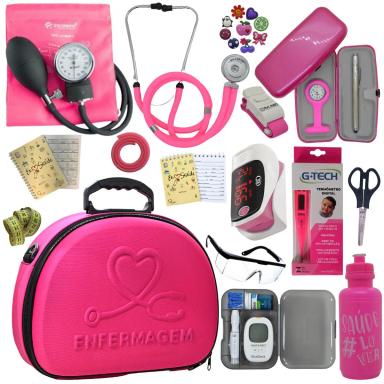 KIT MALETA APARELHO DE PRESSãO ESTETOSCóPIO MEDIDOR DE GLICOSE ROSA ENFERMAGEM INCOTERM