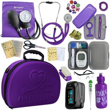 KIT MALETA APARELHO DE PRESSãO ESTETOSCóPIO MEDIDOR DE GLICOSE ROXO ENFERMAGEM INCOTERM