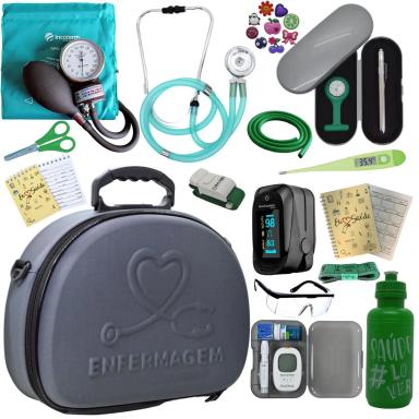 KIT MALETA APARELHO DE PRESSãO ESTETOSCóPIO MEDIDOR DE GLICOSE VERDE ENFERMAGEM INCOTERM