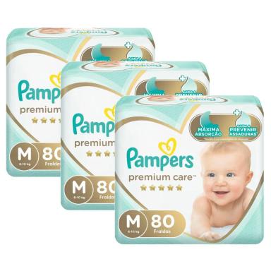 KIT FRALDA PAMPERS PREMIUM CARE NOVA JUMBO TAMANHO M 240 UNIDADES