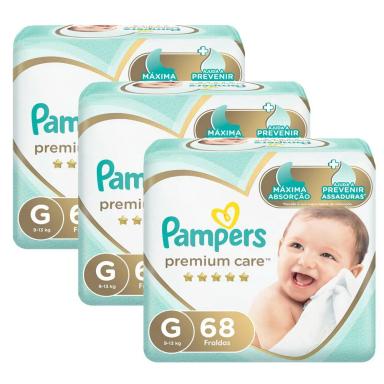 KIT FRALDA PAMPERS PREMIUM CARE JUMBO TAMANHO G COM 204 UNIDADES