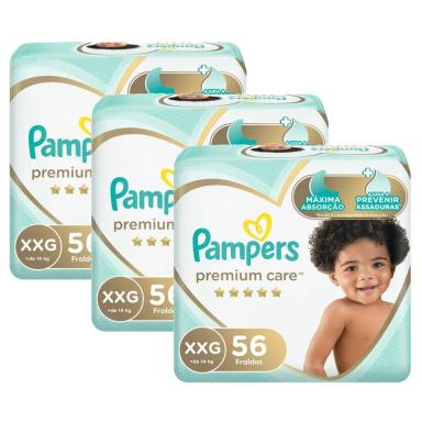 KIT FRALDA PAMPERS PREMIUM CARE NOVA JUMBO TAMANHO XXG 168 UNIDADES