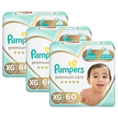 KIT FRALDA PAMPERS PREMIUM CARE JUMBO TAMANHO XG COM 180 UNIDADES