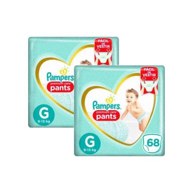 KIT FRALDA PAMPERS PREMIUM CARE PANTS TOP TAMANHO G COM 136 UNIDADES