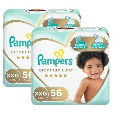 KIT FRALDA PAMPERS PREMIUM CARE JUMBO TAMANHO XXG 112 UNIDADES