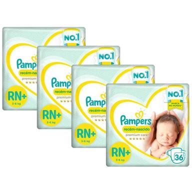 KIT FRALDA PAMPERS PREMIUM CARE RECéM NASCIDO PLUS COM 144 UNIDADES - 3 à 6 KG