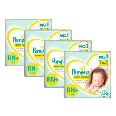 KIT FRALDA PAMPERS PREMIUM CARE RECéM NASCIDO PLUS COM 144 UNIDADES - 3 à 6KG