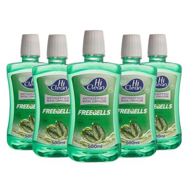 KIT 5 ANTISSéPTICO BUCAL HI CLEAN FREEGELLS MENTA COM FLúOR 500ML