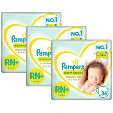KIT FRALDA PAMPERS PREMIUM CARE RECéM NASCIDO PLUS COM 108 UNIDADES - 3 à 6 KG