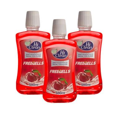 KIT 3 ANTISSéPTICO BUCAL HI CLEAN FREEGELLS CEREJA COM FLúOR 500ML
