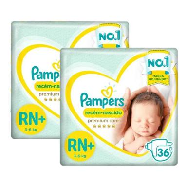KIT FRALDA PAMPERS PREMIUM CARE RECéM NASCIDO PLUS COM 72 UNIDADES - 3 à 6 KG
