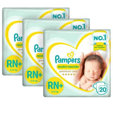 KIT FRALDA PAMPERS PREMIUM CARE RECéM NASCIDO PLUS COM 60 UNIDADES - 3 à 6KG