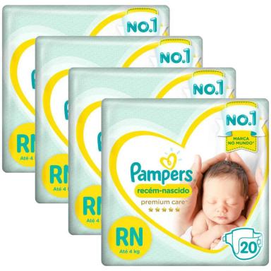 KIT FRALDA PAMPERS PREMIUM CARE RECéM NASCIDO COM 80 UNIDADES - ATé 4KG