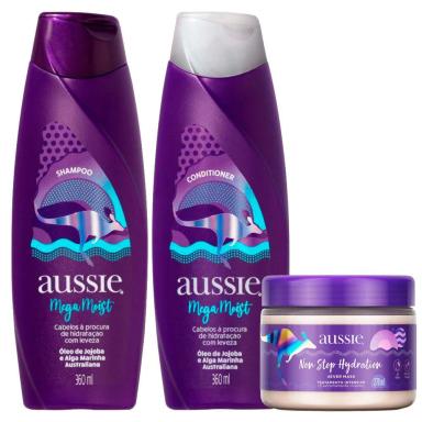 KIT SHAMPOO AUSSIE MEGA MOIST SUPER HIDRATAçãO 360ML + CONDICIONADOR 360ML + MáSCARA NON STOP HYDRATION 270ML