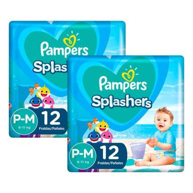 KIT 24 FRALDAS PAMPERS PARA ÁGUA SPLASHERS BABY SHARK P-M