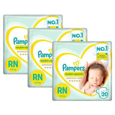 KIT FRALDA PAMPERS PREMIUM CARE RECéM NASCIDO COM 60 UNIDADES - 3 à 6 KG