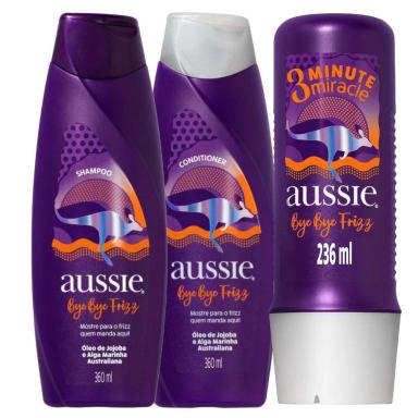 KIT AUSSIE BYE BYE FRIZZ: SHAMPOO 360ML + CONDICIONADOR 360ML + TRATAMENTO 3 MINUTE MIRACLE 236ML
