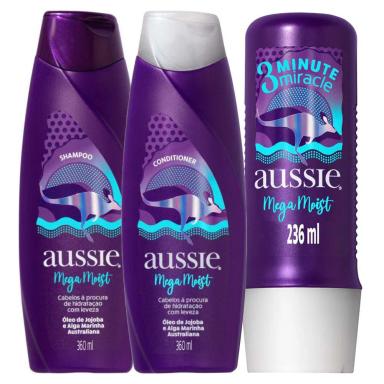 KIT SHAMPOO + CONDICIONADOR AUSSIE MEGA MOIST 360ML + TRATAMENTO 3 MINUTE 236ML