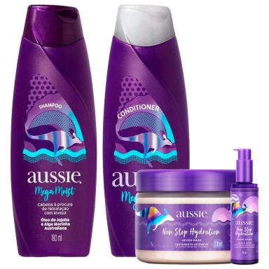 KIT AUSSIE MEGA MOIST SUPER HIDRATAçãO SHAMPOO 180ML + CONDICIONADOR 180ML + MáSCARA NON STOP 270ML + SERUM NON STOP 95ML