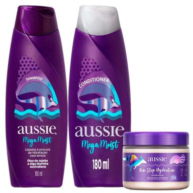 KIT SHAMPOO AUSSIE MEGA MOIST SUPER HIDRATAçãO 180ML + CONDICIONADOR 180ML + MáSCARA DE TRATAMENTO AUSSIE NON STOP HYDRATION 270ML