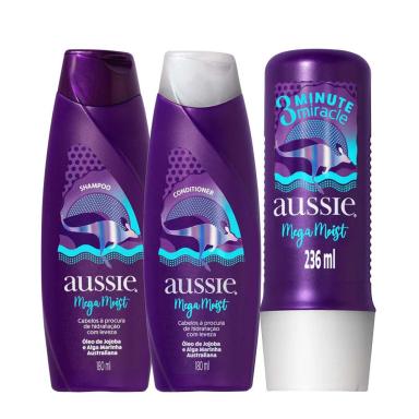 KIT SHAMPOO + CONDICIONADOR AUSSIE MEGA MOIST 180ML + TRATAMENTO 3 MINUTE 236ML