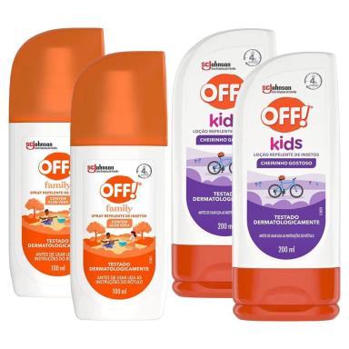 Kit 2 Repelente de Insetos Off! Loção Kids 200ml + 2 Repelente Off! Spray Family 100ml