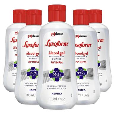 KIT 5 ÁLCOOL EM GEL LYSOFORM HIGIENIZADOR NEUTRO 100ML