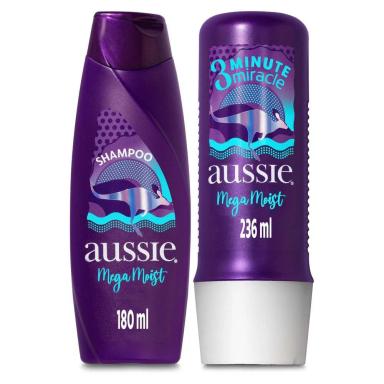KIT AUSSIE MEGA MOIST SUPER HIDRATAçãO SHAMPOO 180ML E 3 MINUTOS MILAGROSOS 236ML