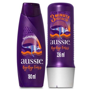 KIT AUSSIE BYE BYE FRIZZ MACIEZ E BRILHO SHAMPOO 180ML E 3 MINUTOS MILAGROSOS 236ML
