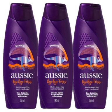 KIT COM 3 SHAMPOOS AUSSIE BYE BYE FRIZZ MACIEZ E BRILHO 180ML
