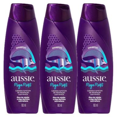 KIT COM 3 SHAMPOOS AUSSIE MEGA MOIST SUPER HIDRATAçãO 180ML
