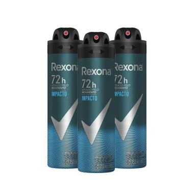 KIT COM 3 DESODORANTES ANTITRANSPIRANTES AEROSOL MASCULINO REXONA IMPACTO 72 HORAS 150ML