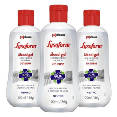 KIT 3 ÁLCOOL EM GEL LYSOFORM HIGIENIZADOR NEUTRO 100ML