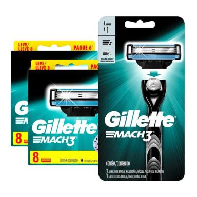 KIT GILLETTE COM 16 CARGAS MACH3 + 1 APARELHO DE BARBEAR GILLETTE MACH3