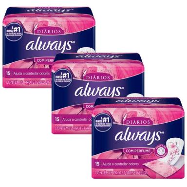 KIT PROTETORES DIáRIOS ALWAYS COM PERFUME 15 UNIDADES - 3 UNIDADES