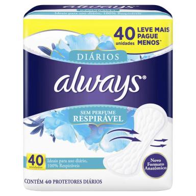 PROTETORES DIáRIOS ALWAYS RESPIRáVEL 40 UNIDADES