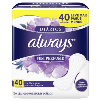 PROTETORES DIáRIOS ALWAYS SEM PERFUME 40 UNIDADES