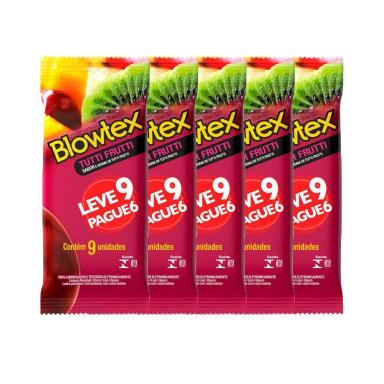 KIT COM 5 PRESERVATIVOS BLOWTEX TUTTI FRUTTI LEVE 9 PAGUE 6 UNIDADES