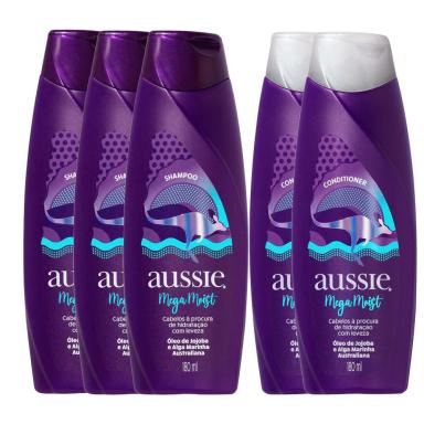 KIT 2 CONDICIONADORES AUSSIE MOIST 180ML + 3 SHAMPOOS AUSSIE MOIST 180ML