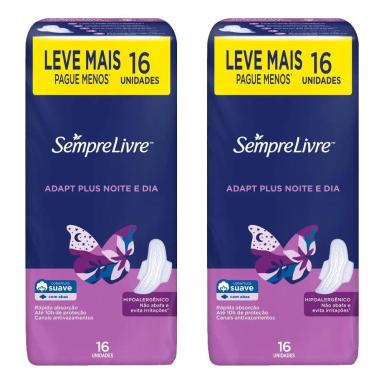 KIT 2 ABSORVENTES EXTERNO SEMPRE LIVRE ADAPT PLUS NOITE E DIA COM ABAS 16 UNIDADES