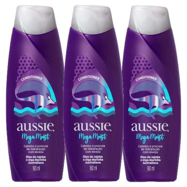 KIT 3 CONDICIONADORES AUSSIE MEGA MOIST HIDRATAçãO 180ML